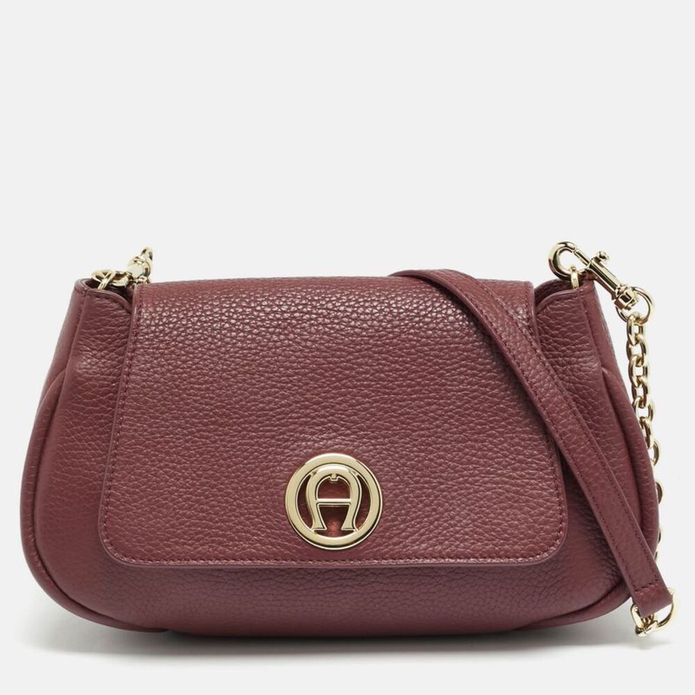 Aigner Burgundy Leather Flap Shoulder Bag